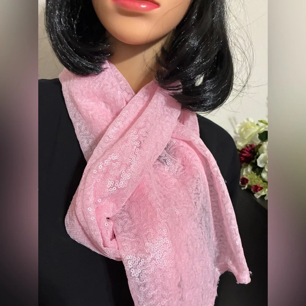 Shimmery Pink Sequin Tulle Scarf – 13x72 Light & Airy Cotton Candy Wrap